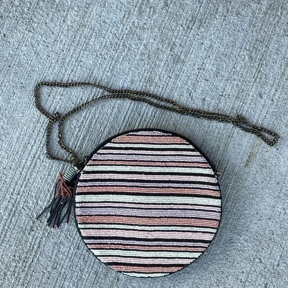 Anthropologie Florence Beaded Round Pouch Crossbody Purse Bag Boho Bohemian - Picture 4 of 7